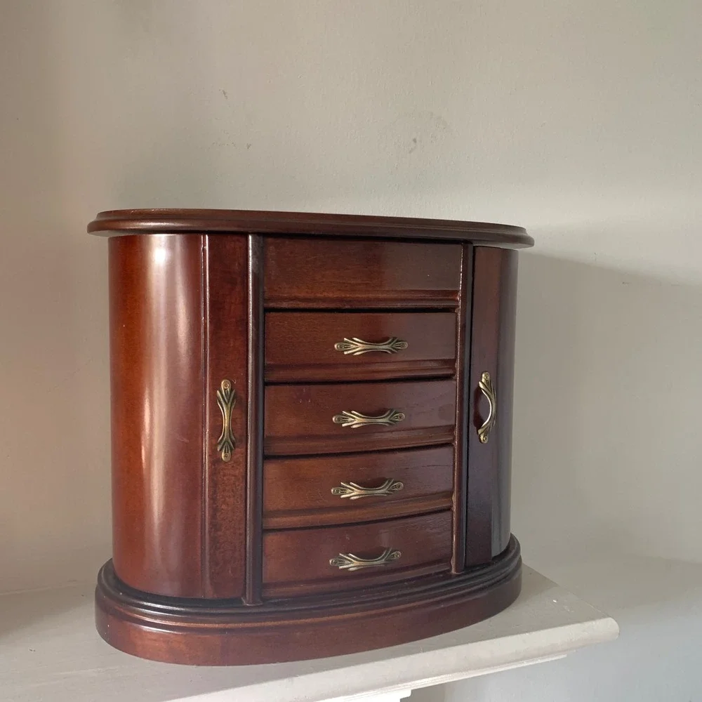 Vintage Wooden Jewelry Box Armoire‎ Chest 4 Drawers Necklace Hooks Cherry Finish